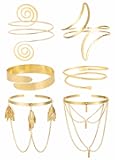 6-Piece Arm Cuff Set - Gold Armlet, Armband, Adjustable Coil Swirl Upper Arm Cuff Jewelry