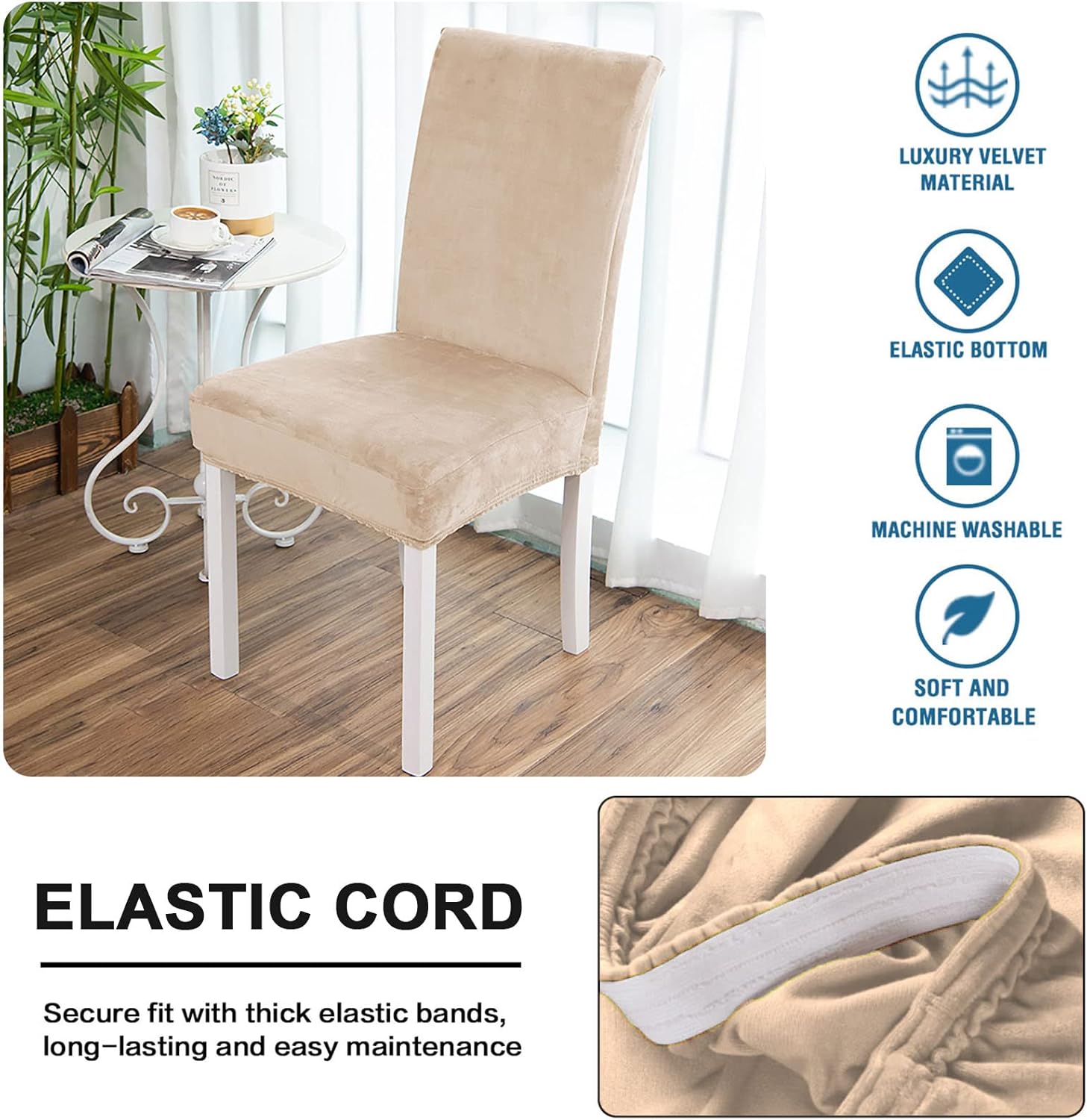 Ultra Thick Stretch Velvet Chair Covers 2 Pack, Soft Removable Slipcovers for Dining Chairs, Seat Protectors for Hotel & Dining Room - White Easy Care