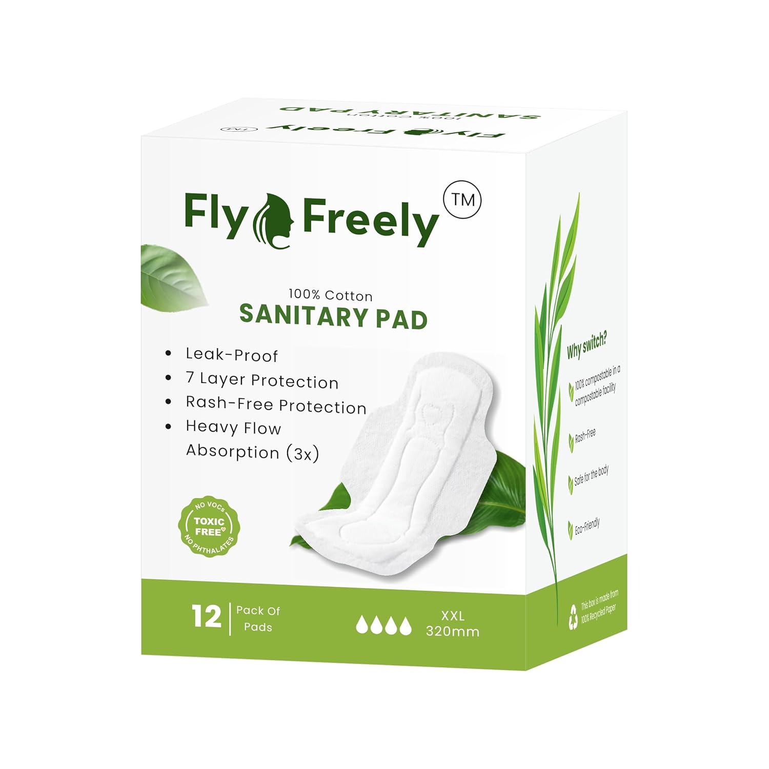 Sanitary Pads for Women XXL | Pack of 12 | 100% Cotton | With Biodegradable Disposable Bag | Rash-Free | Leak-Proof | Toxic-Free | Ultra Soft | Heavy Flow Absorbent (320mm) Sanitary Pads for Women XXL | Pack of 12 | 100% Cotton | With Biodegradable Disposable Bag | Rash-Free | Leak-Proof | Toxic-Free | Ultra Soft | Heavy Flow Absorbent (320mm)
