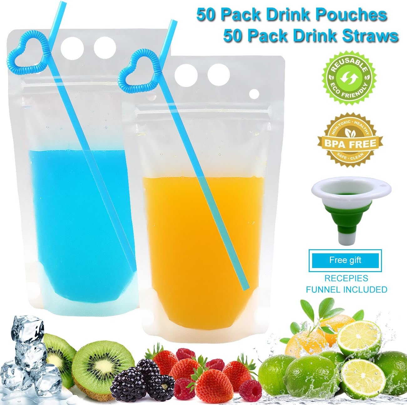 Drink Pouches,50 PCS Translucent Stand Up Zipper Drink Bags with 50 Drink Straws and Funnel Included, Heavy Duty Hand-Held Reclosable Heat-Proof Smoothie Bags 2.4 Bottom Gusset BPA and Phthalate Free