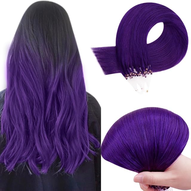RUNATURE Remy Micro Beads Hair Extensions Human Hair Purple Micro Ring Extensions Blonde Real Hair Extensions Straight 16 Inch 25g/25s