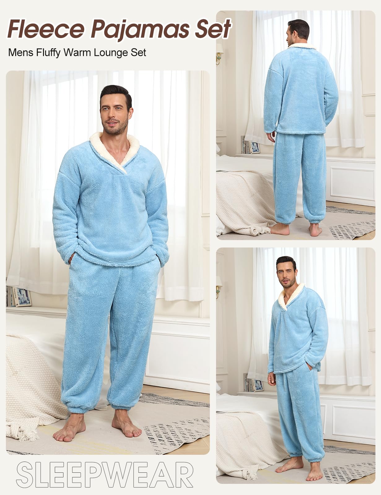 TOMEEK Schlafanzug Herren Lang Winter Schlafanzug Warm Pyjamahose Herren 2-Teiliges Pyjama Set Fleece Pyjama Loungewear Geschenk für Männer