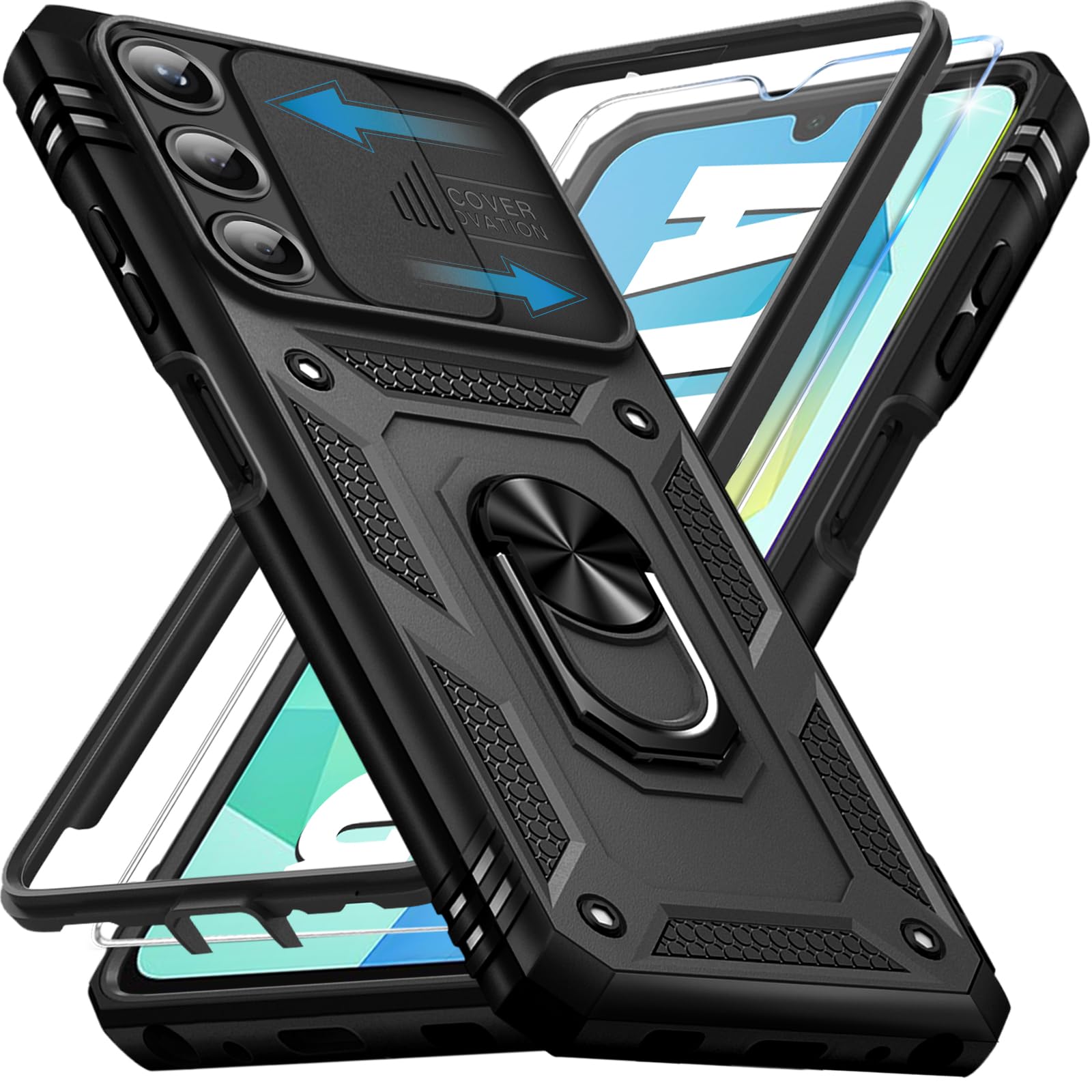 Giyer Cover per Samsung Galaxy A16 5G Custodia con Vetro Temperato, Antiurto Grado Militare 360° Anello Supporto Armor Bumper Case, Antiurto per Samsung A16 5G Cover (Nero)