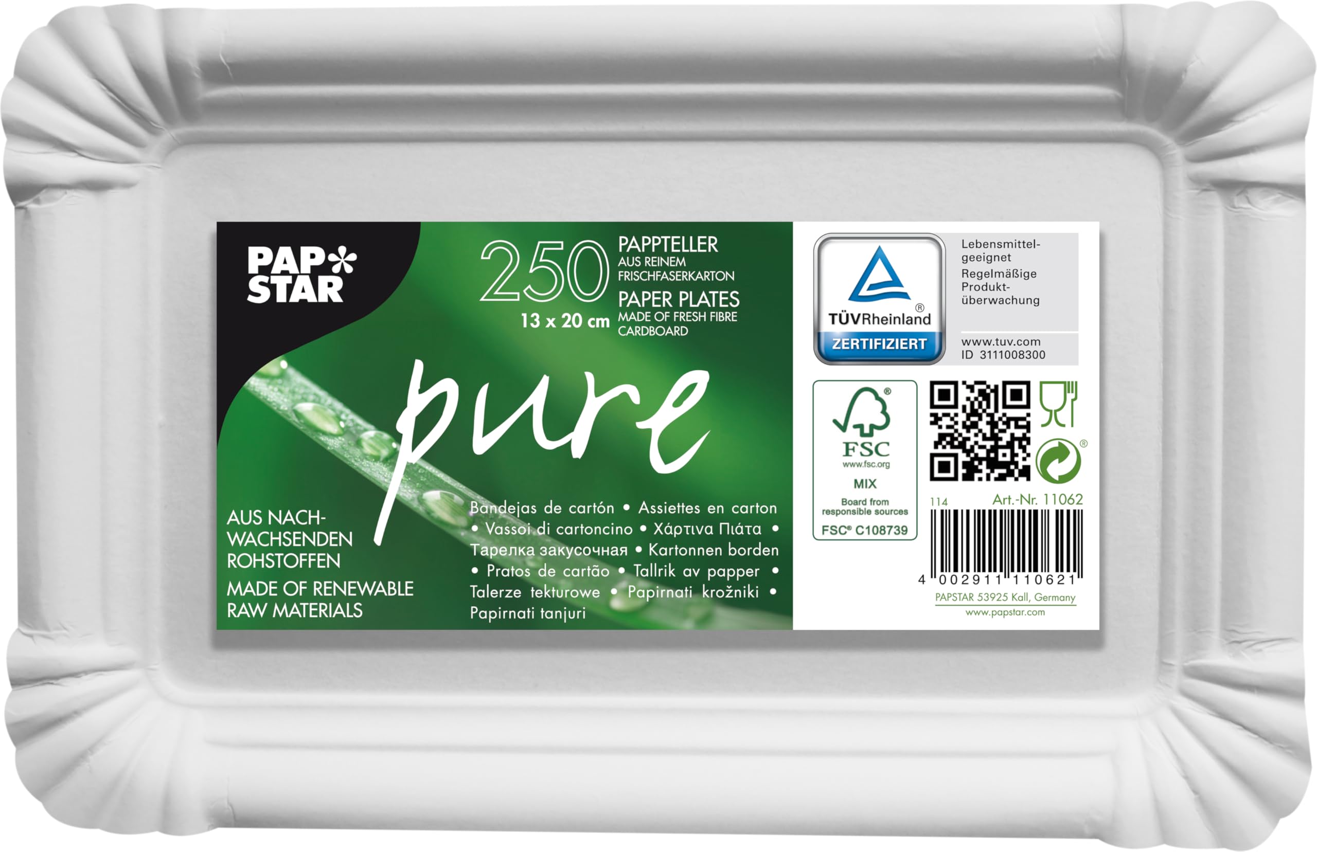 Papstar 250 assiettes, carton pur rectangulaire 8 cm x 21 cm blanc avec poignée main image 1