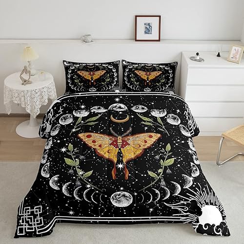 Erosebridal Juego de ropa de cama de mariposa dorada, juego de edredón de sol y luna, juego de edredón de luna completa y estrellas, juego de