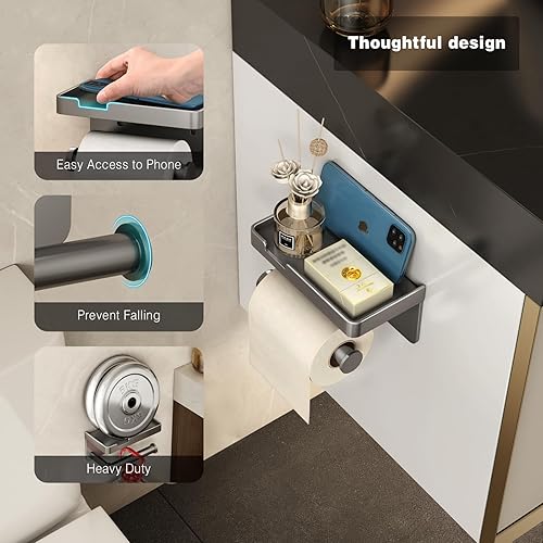 Miniatura 9 de VOLDRA Soporte de papel higiénico con estante dispensador de toallitas negras, soporte de papel higiénico de baño con diseño de cajón de