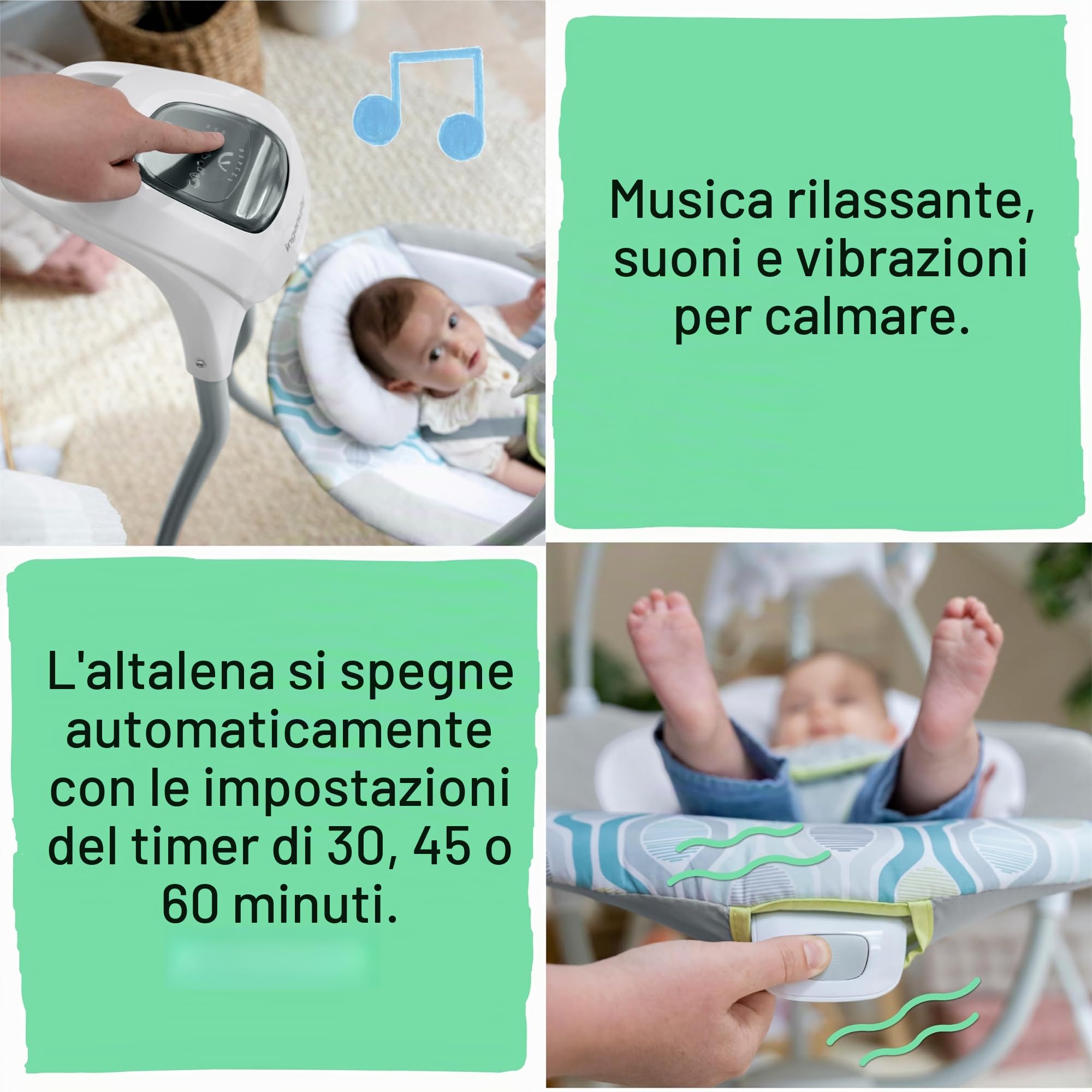 Altalena Alta Oscillante con Seduta Girevole Ingenuity, Altalena Simple Comfort Everston, Dondolino 2 direzioni con Giostrina Giochi, Melodie, Suoni Bianchi e Vibrazione, Maniglia trasporto e Ruote
