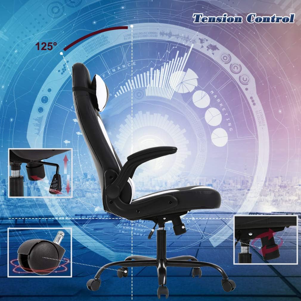 Massage Gaming Chair Office Chair Ergonomic PU Leather Desk Chair with Lumbar Support, Headrest, Flip-Up Armrests, and Swivel Rolling Base, Ideal for Women Adults, White