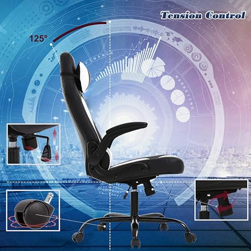 Miniatura 6 de Silla de escritorio ergonómica para videojuegos, de piel sintética, con reposacabezas y reposabrazos, Moderno, Blanco Blanco,Gris,Rosado