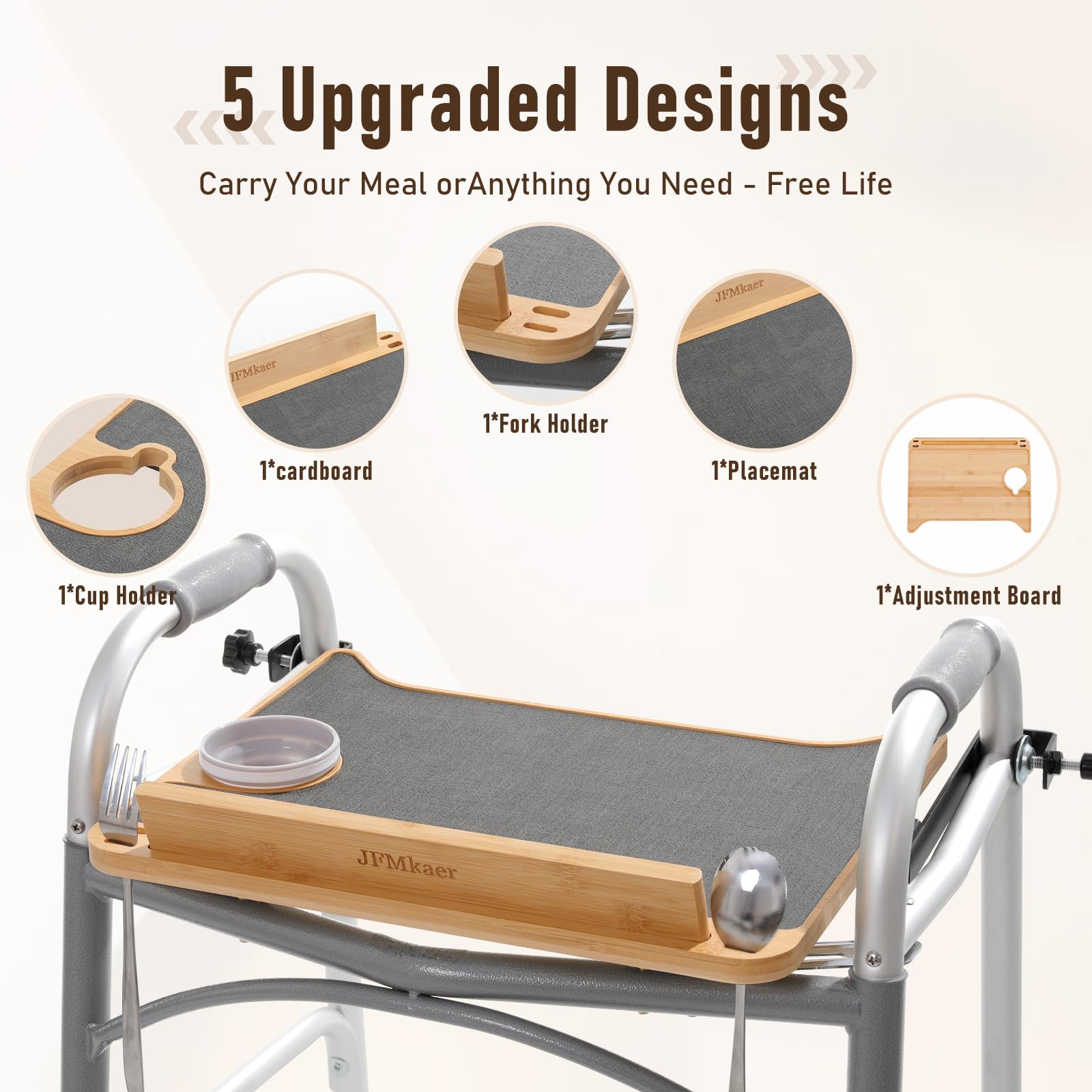 Detachable Tray for Walkers for Seniors with Cup Holder - [Freely Adjustable in All Directions] - Bamboo Mobility Table Fits Most Standard Folding Walkers, Removable & Easy Assembly