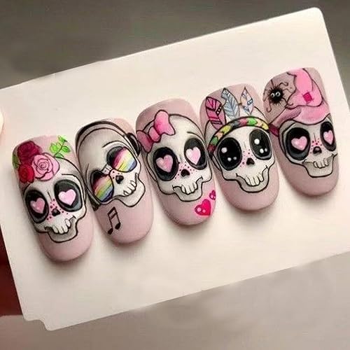 Miniatura 43 de Uñas postizas a presión de Halloween, cuadradas, medianas, con diseños de telaraña, parches coloridos, punta francesa, uñas acrílicas, uñas