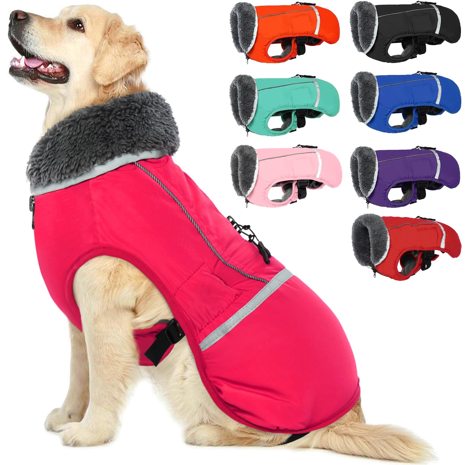 QBLEEV Warm Dog Coat Reflective Dog Jacket, Waterproof Dog Winter Coat Turtleneck Dog Clothes for Cold Weather, Thick Fleece Dog Snowsuit Christmas Dog Vest Pet Apparel for Small Medium Large Dogs M