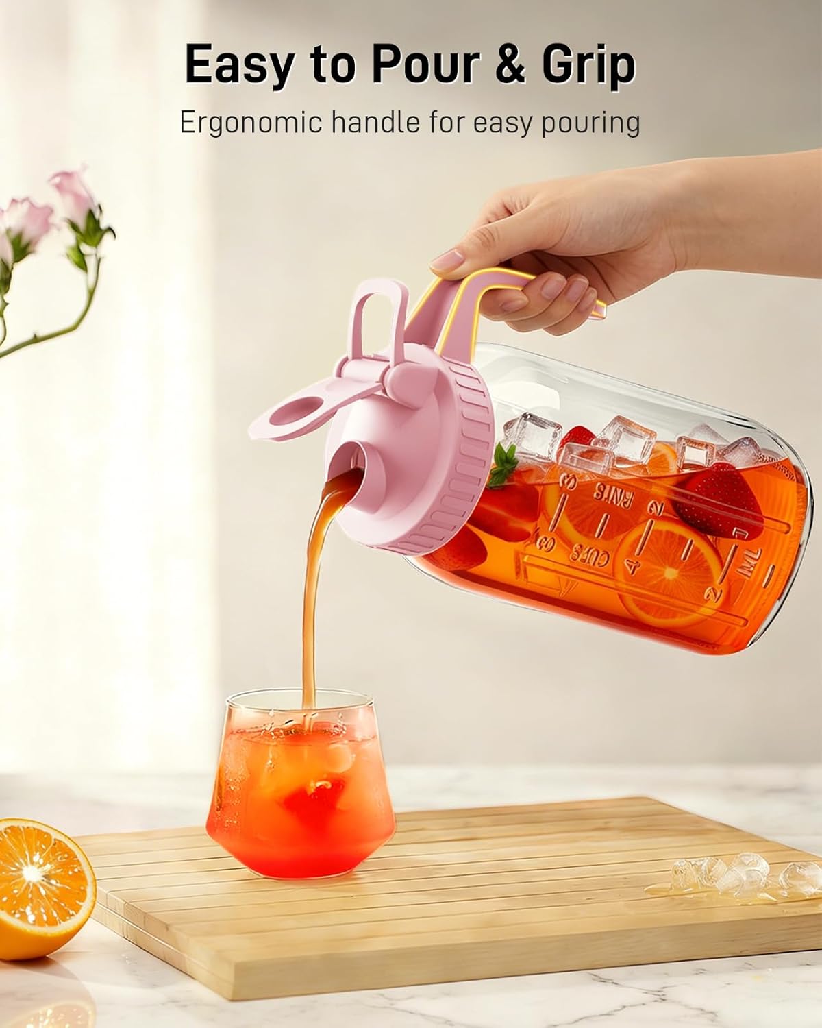 64 oz Glass Pitcher with Lid, Large Wide Mouth Mason Jar with Pour Spout, Pink Sun Tea Jar for Outside, Glass Water Pitcher Great for Drink, Cold Beverages and Breast Milk - Image 4