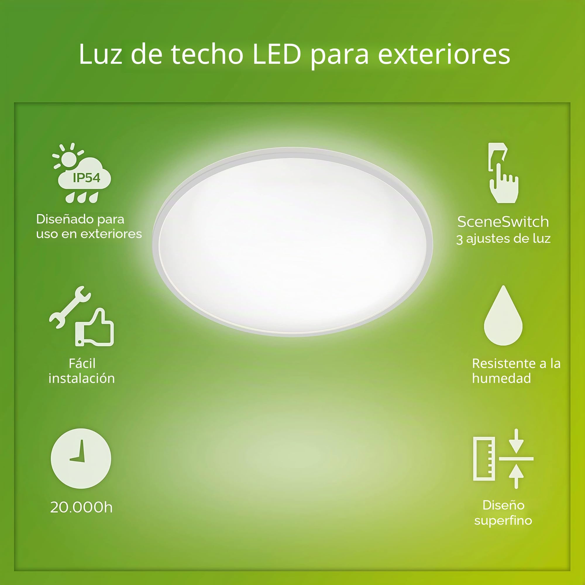 Philips - Plafón Philips SuperSlim, lámpara de techo LED de exterior, color blanco, luz blanca cálida, 15W