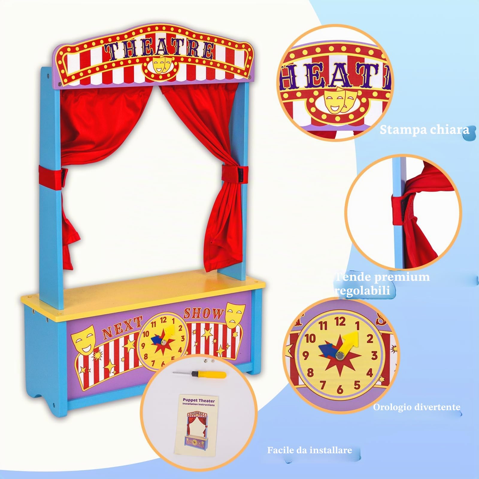 Teatro delle marionette in legno, con tende, per spettacoli teatrali da tavolo, giochi di ruolo, ideale per spettacoli, eventi, istruzione e giochi di finzione, portatile