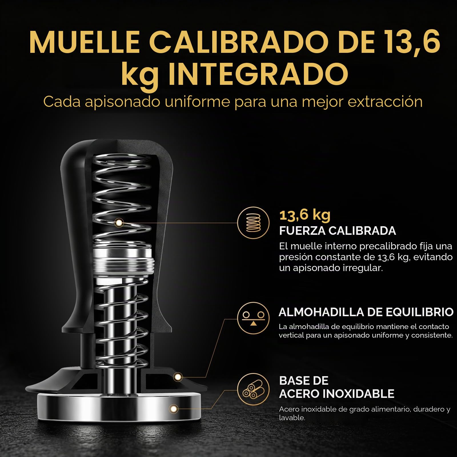 IKAPE Prensador de café espresso de 51 mm, prensador de café barista premium con resorte calibrado, base de acero inoxidable 100% plana para máquina de espresso (negro)