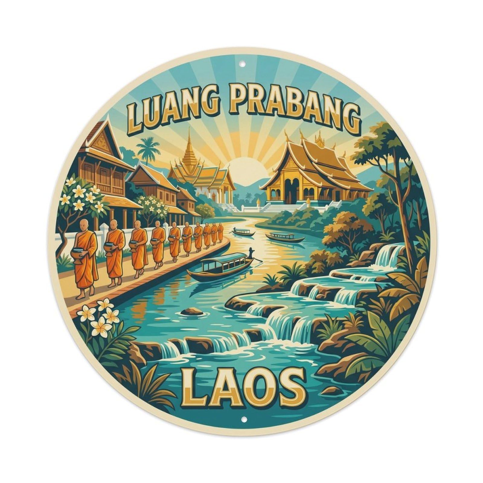 Yrnq 8X8inch Vintage Style Vintage Travel Laos Luang Prabang Temples Metal Tin Sign
