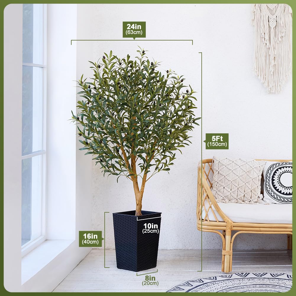 VeriNatural Künstlicher Olivenbaum 150cm - Fake Plastik Pflanzen Groß mit Schwarzer Kegelförmigem Topf - UV-beständige Kunstpflanzen wie echt für Wohnzimmer, Büro & Balkon Deko,VN133