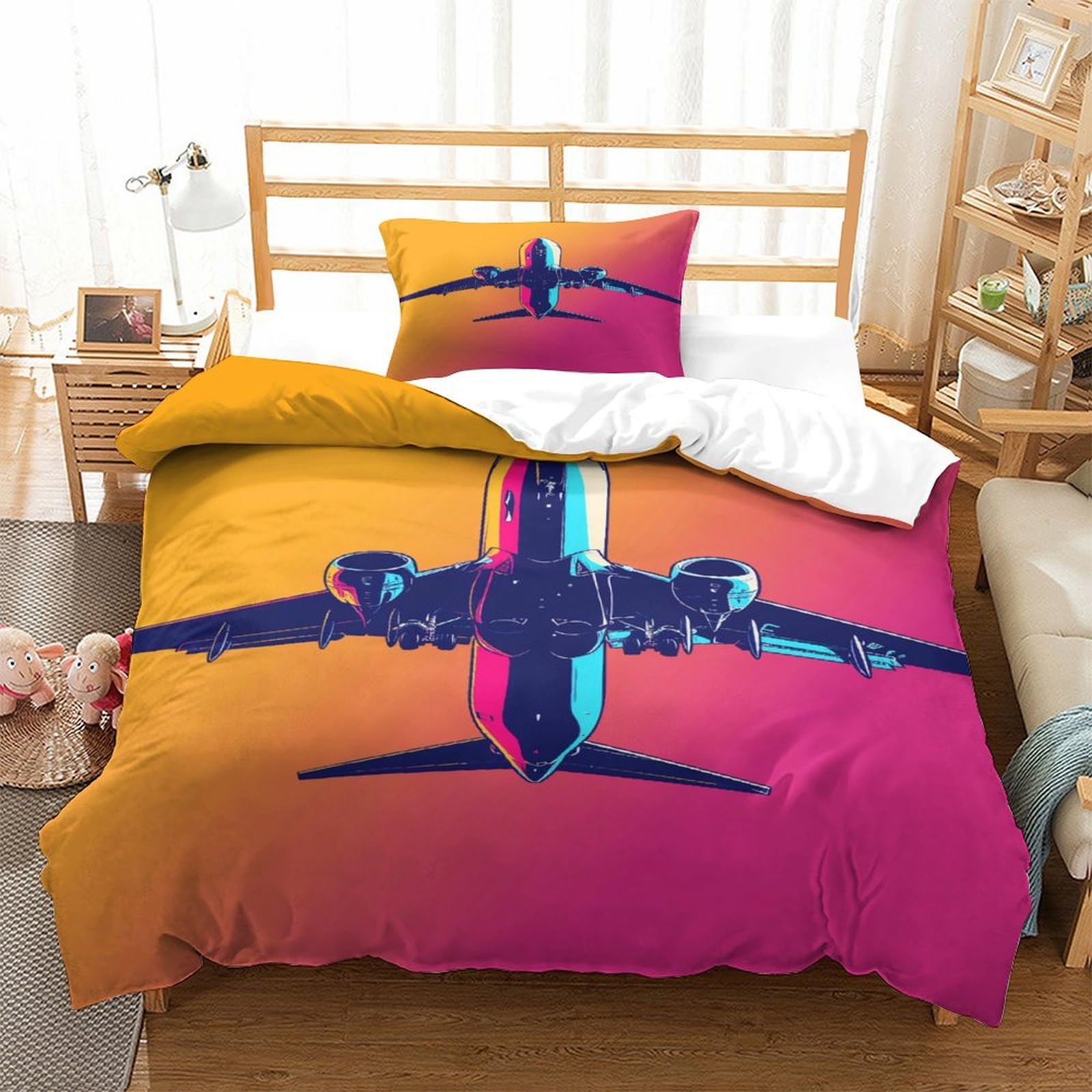 P1s9u7w5y Aircraft-3 Gradient Aviation Airplane 3D Printed Duvet Cover Set 3Pcs Microfiber Plane Bedding Set Single（135X200cm）