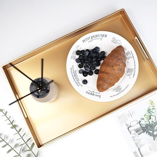 Miniatura 5 de Spsyrine Bandeja decorativa dorada con asas, elegante bandeja de plástico para mesa auxiliar otomana, sala de estar, decoración del hogar, 15.6 x
