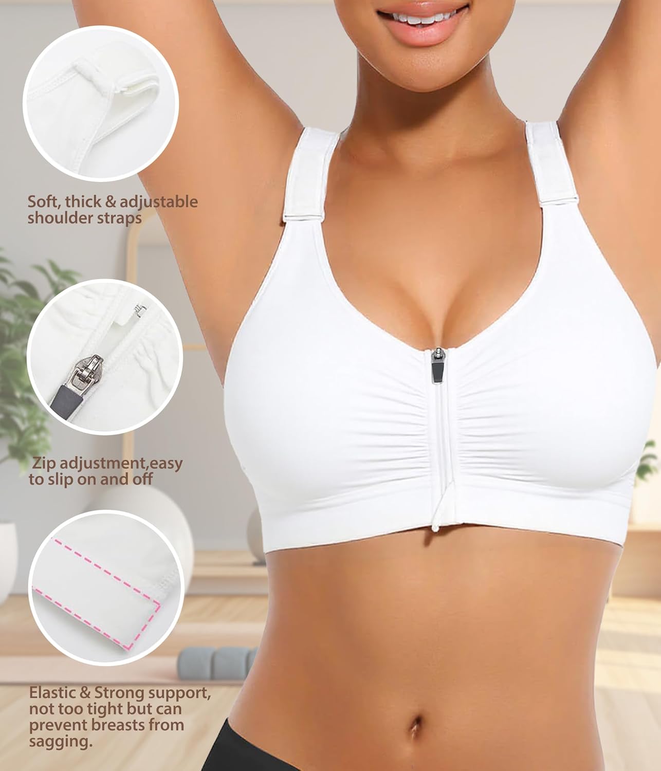 Zip Front Closure Everyday Bra for Women Post Surgery Compression Bras with Adjustable Straps Wirefree - Image 3