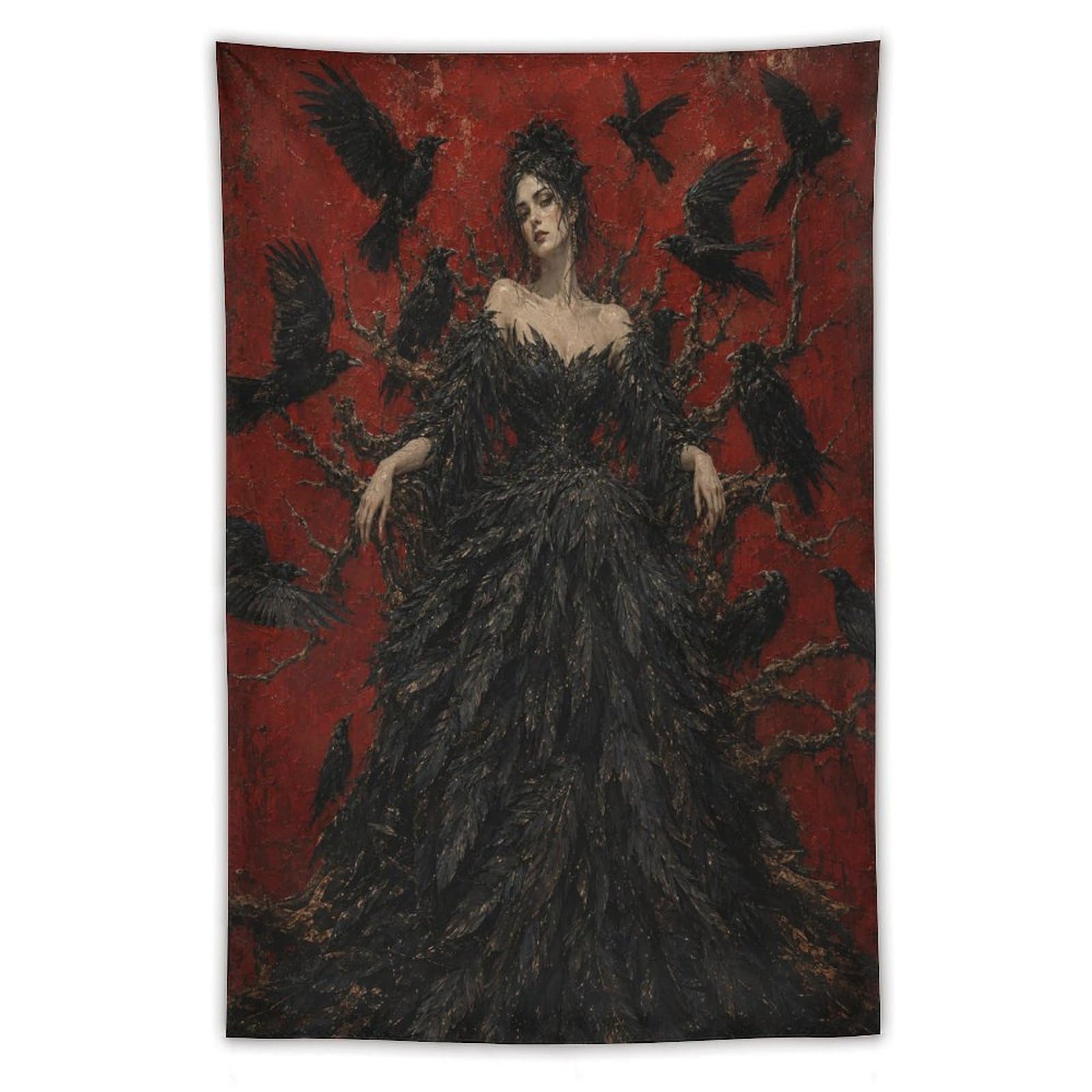 H3B8U2Y5 Raven Woman with Black Feather Dress Wall Tapestry, Gothic Oil