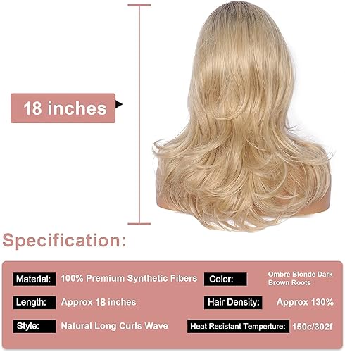 Miniatura 4 de Peluca sintética rubia con raíces oscuras, con ondas y flequillo, pelo sintético