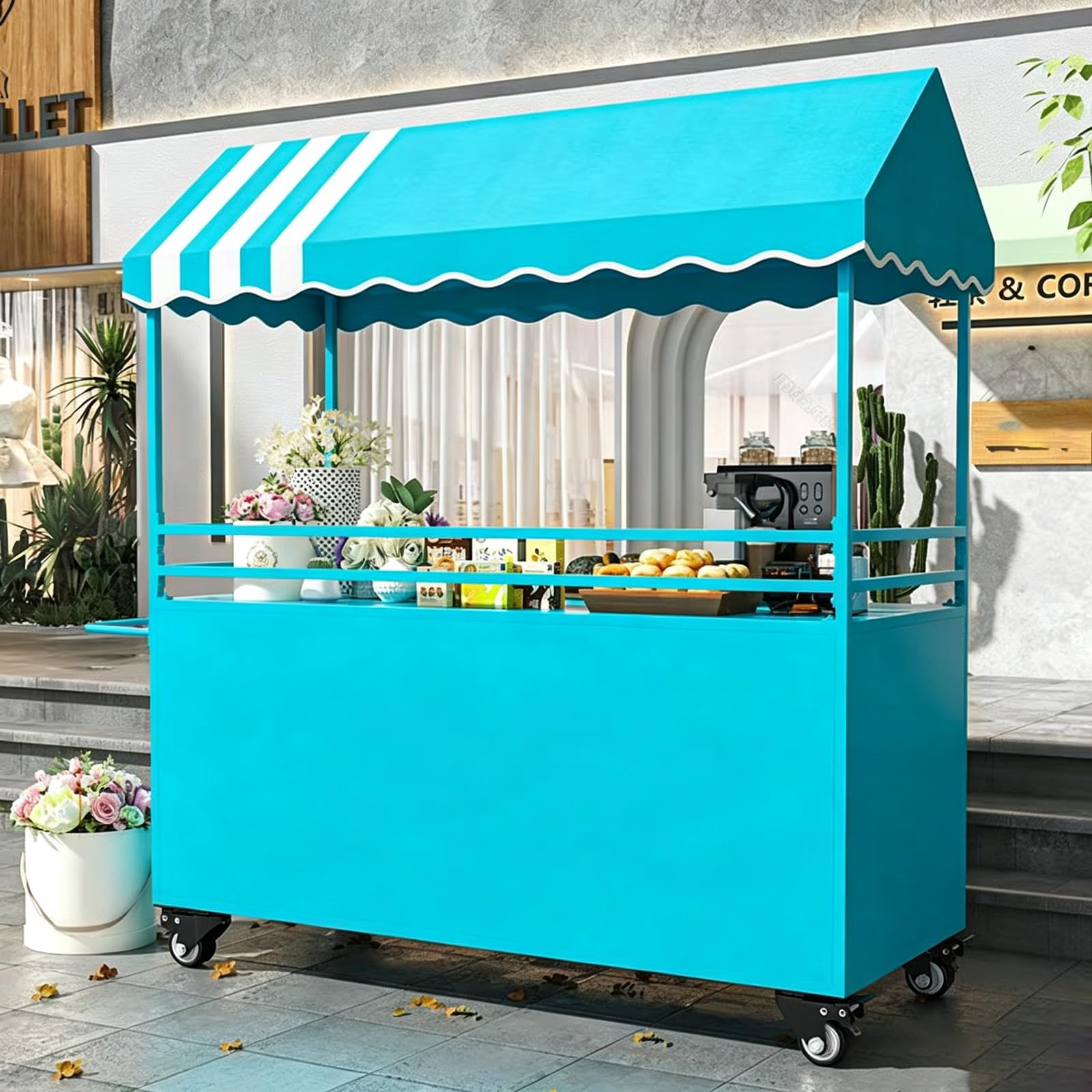 Carro de Venta Ambulante con Toldo, Puesto de Comida Callejera con Ruedas | Puesto de Mercado Carro de Venta con Amplio Espacio de Almacenamiento y Asa para Mercados,Cafeterías(Blue,120cm)