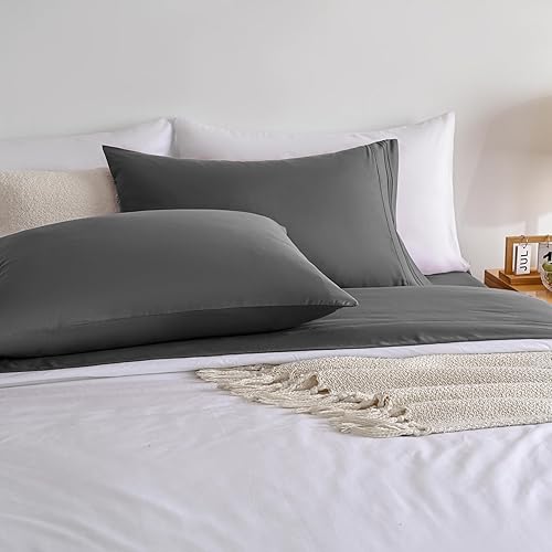 Miniatura 7 de Juego de sábanas de microfibra refrescante de 4 piezas, color gris, tamaño King, sábanas de bolsillo profundo y fundas de almohada