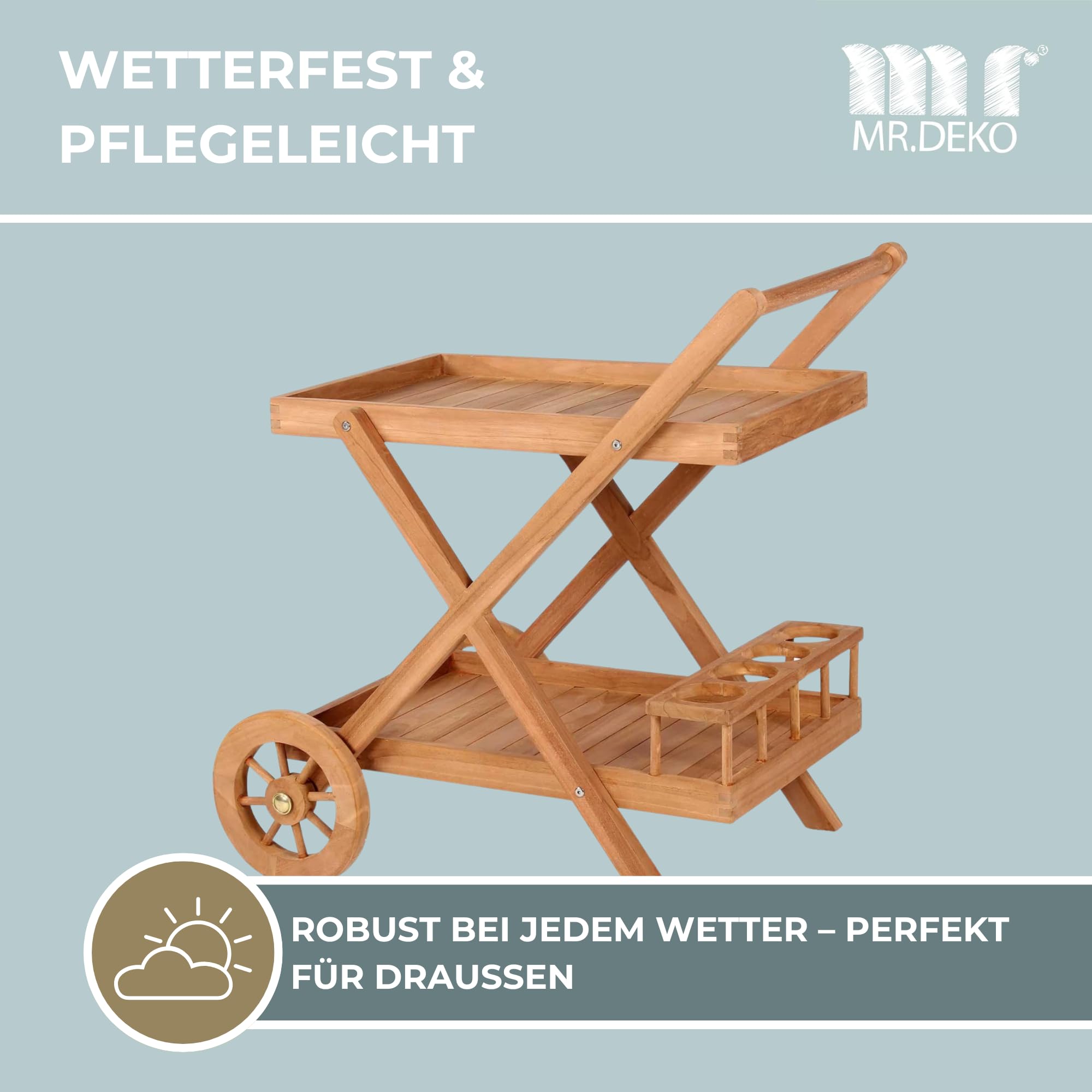 MR. DEKO® Carrello da portata Chester in teak – Tavolo da giardino – Mobili da esterno