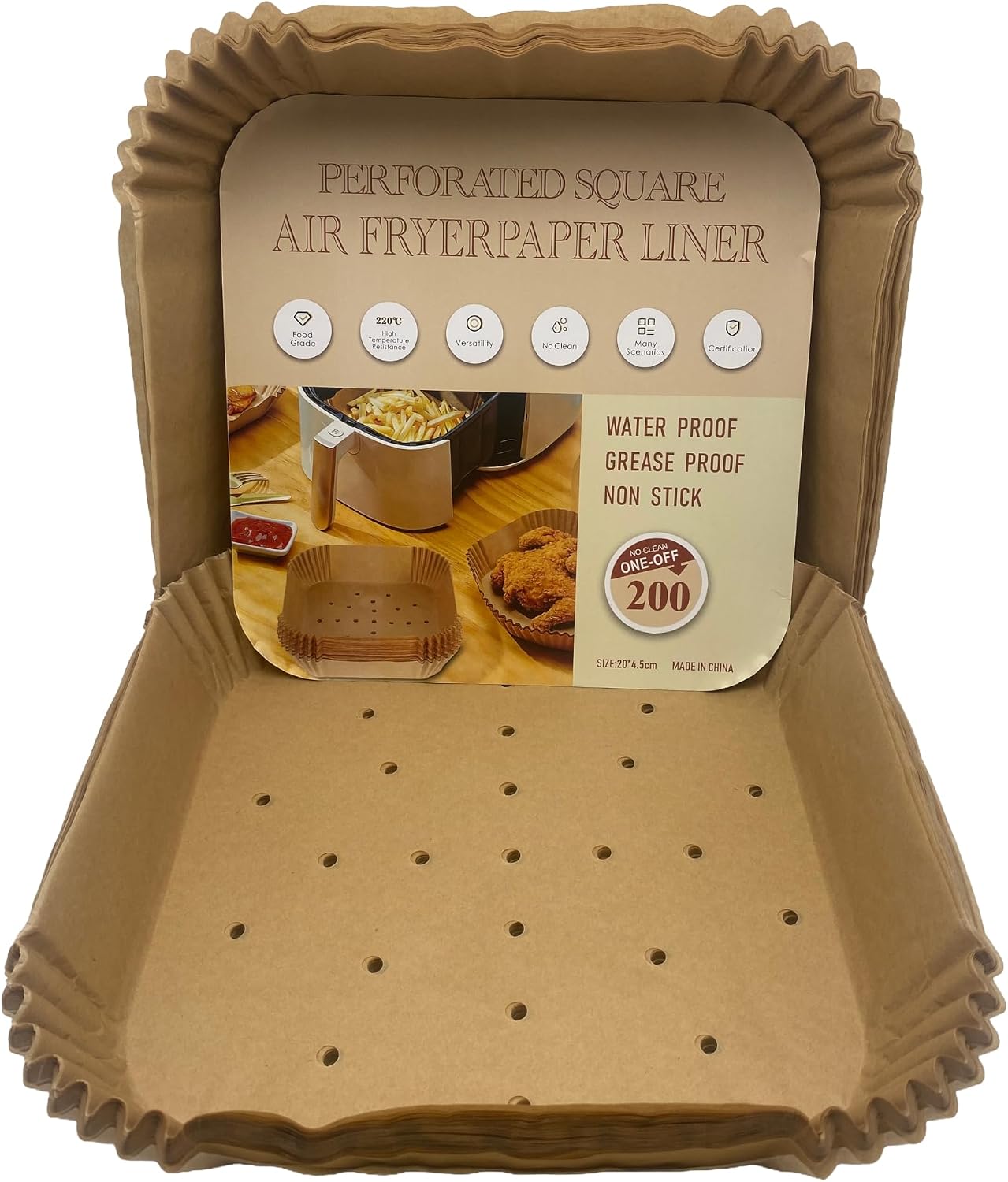 Disposable Air Fryer Liners, 200 Count 8 Inch Square Parchment Paper Liners, Perforated Non-Stick Grease Resistant Baking Paper for Air Fryers