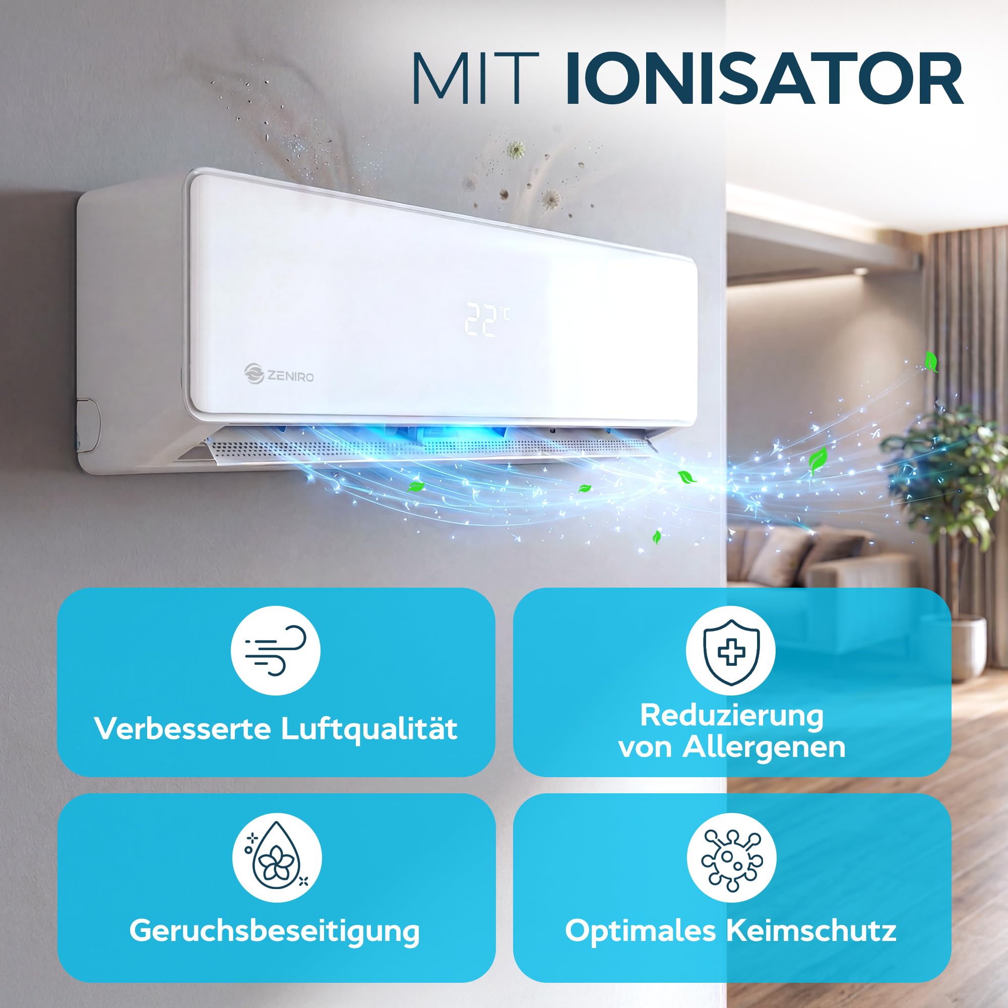 Klimaanlage Split Klimagerät 12000 BTU 3,5kW A++ Ionisator WiFi App-Steuerung 4D AirFlow Selbstreinigung R32