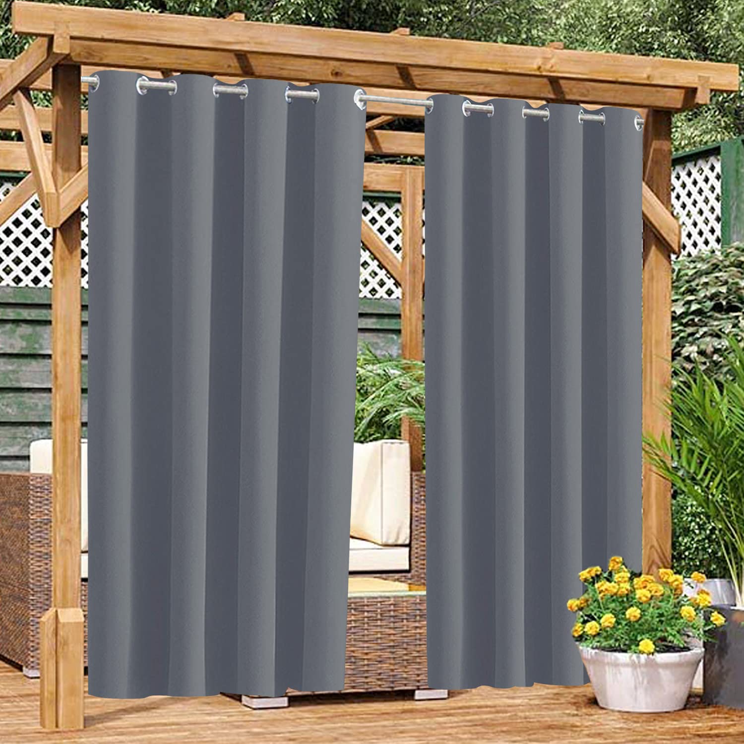Famibay Rideaux d'extérieur occultants imperméables à isolation thermique gris avec œillets pour tonnelle, pergola, jardin, terrasse