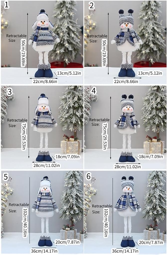 Handmade Christmas Standing Doll Plush Snowman with Scarf Hat Ornament Extendable Legs Decoration for Fireplaces Decor