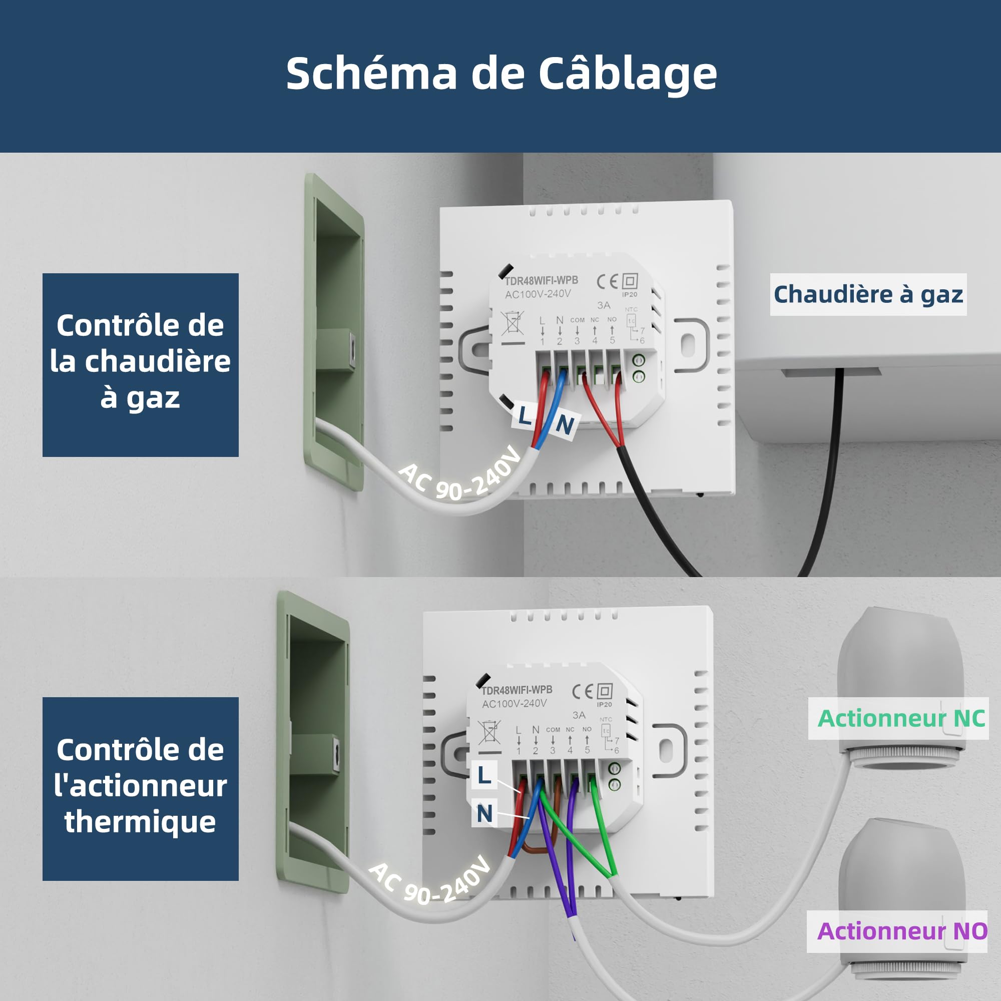 Beok Thermostat Connecté Grand Écran, WiFi pour Chaudière Gaz/Chauffage au Sol à Eau, Commande vocale Google Home & Alexa, Contrôle à Distance Via app Tuya Smart, Programmation journalière, 230V/3A