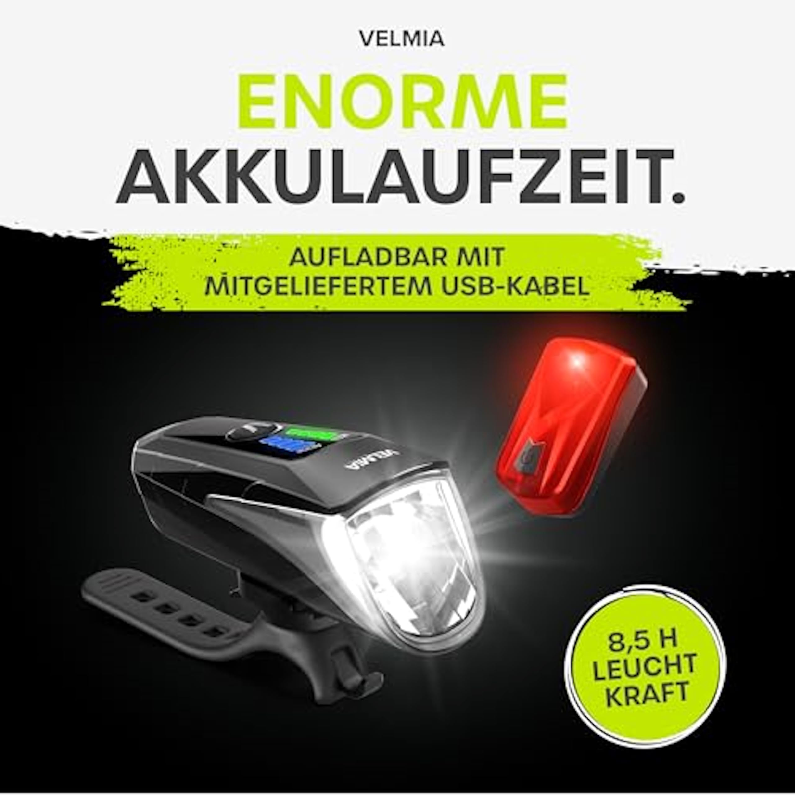 Velmia Zestaw świateł rowerowych dopuszczonych do ruchu drogowego (obowiązują przepisy lokalne), zasilanie bateryjne USB i czas świecenia 8,5 h, zestaw świateł rowerowych LED, odporne na deszcz i do