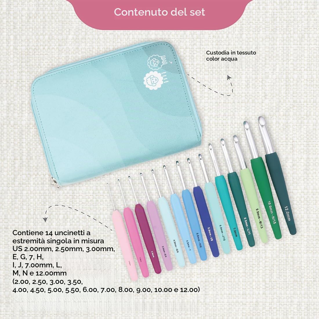 KnitPro Waves - Set di 14 uncinetti Grande, misure da 2 a 12 mm, manici ergonomici morbidi, impugnatura in gomma morbida per mani artritiche, ferri da uncinetto leggeri e comodi per lavorare a maglia
