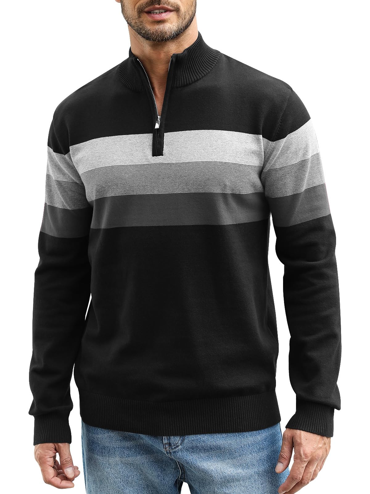 Superora Maglione a Righe da Uomo 100% Cotone Invernale Pullover Manica Lunga Collo Alto con 1/4 Zip