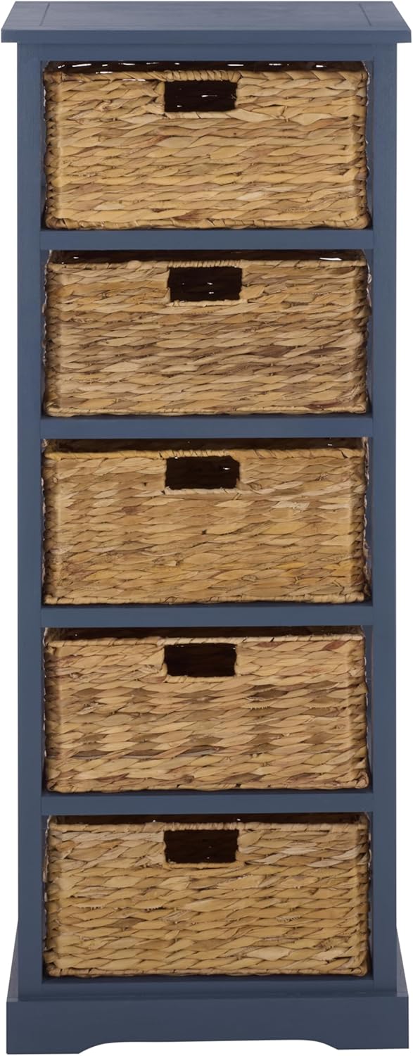 SAFAVIEH Home Collection – Vedette Blue 5-Basket Storage Tower, Natural Rattan Accent Design, Fully Assembled (AMH5739H)