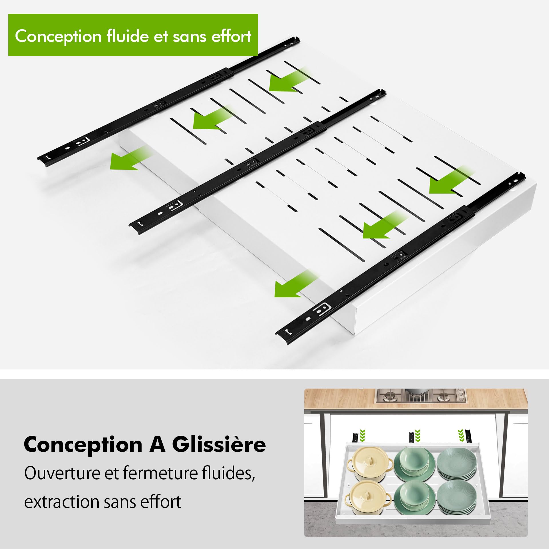 Mimoke Organisateur de placard extensible - Tiroir de cuisine télescopique avec colle - Organisateur de tiroirs de rangement pour cuisine/salle de bain (blanc, largeur 31 à 52 cm, profondeur 42 cm)
