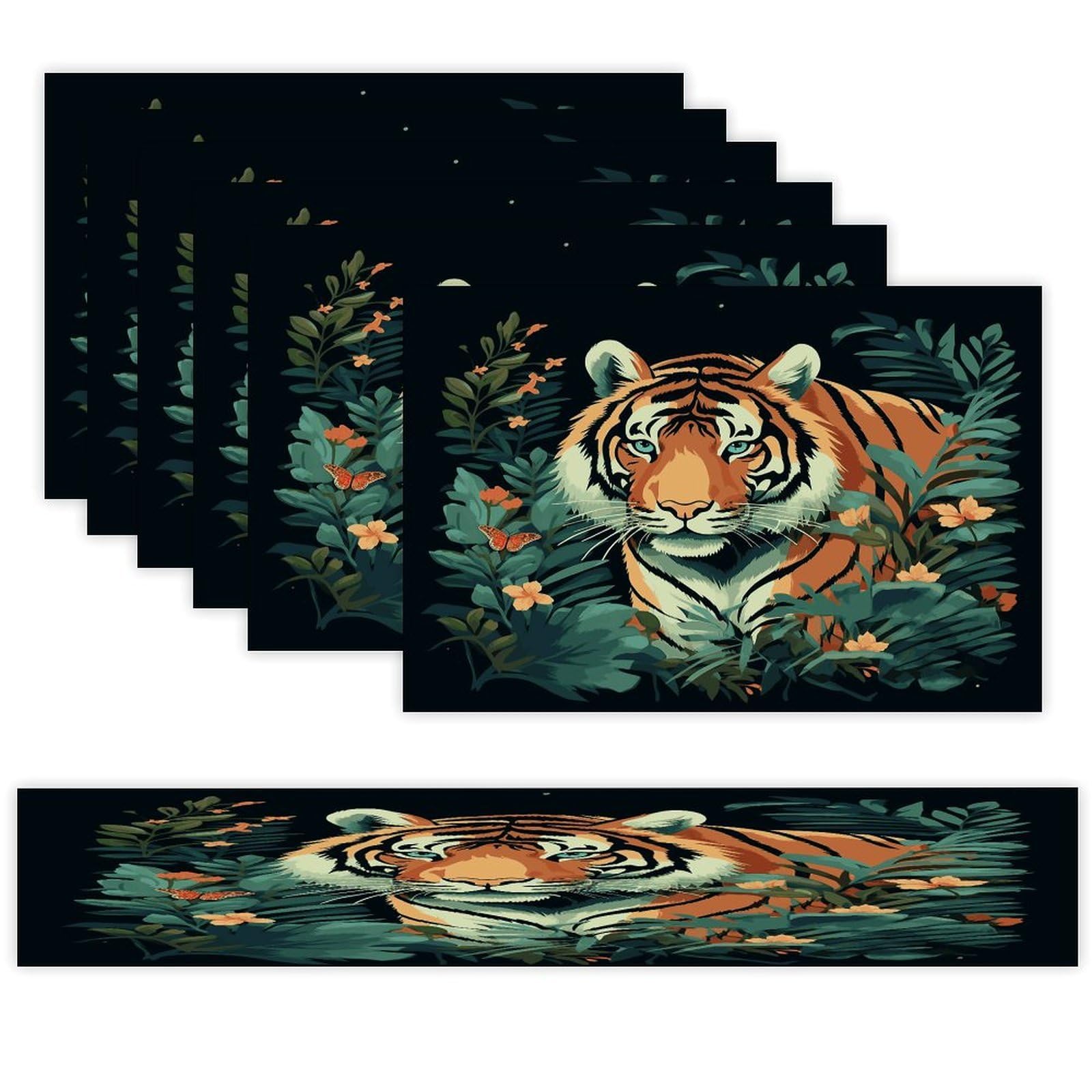 Butterfly and Tiger Table Runner and Placemats Set of 6 for Kitchen Washable Table Mats Heat Resistant Place Mats Non-Slip Place Mat Wipeable Placemat(6 Placemats+1 Table Runner)