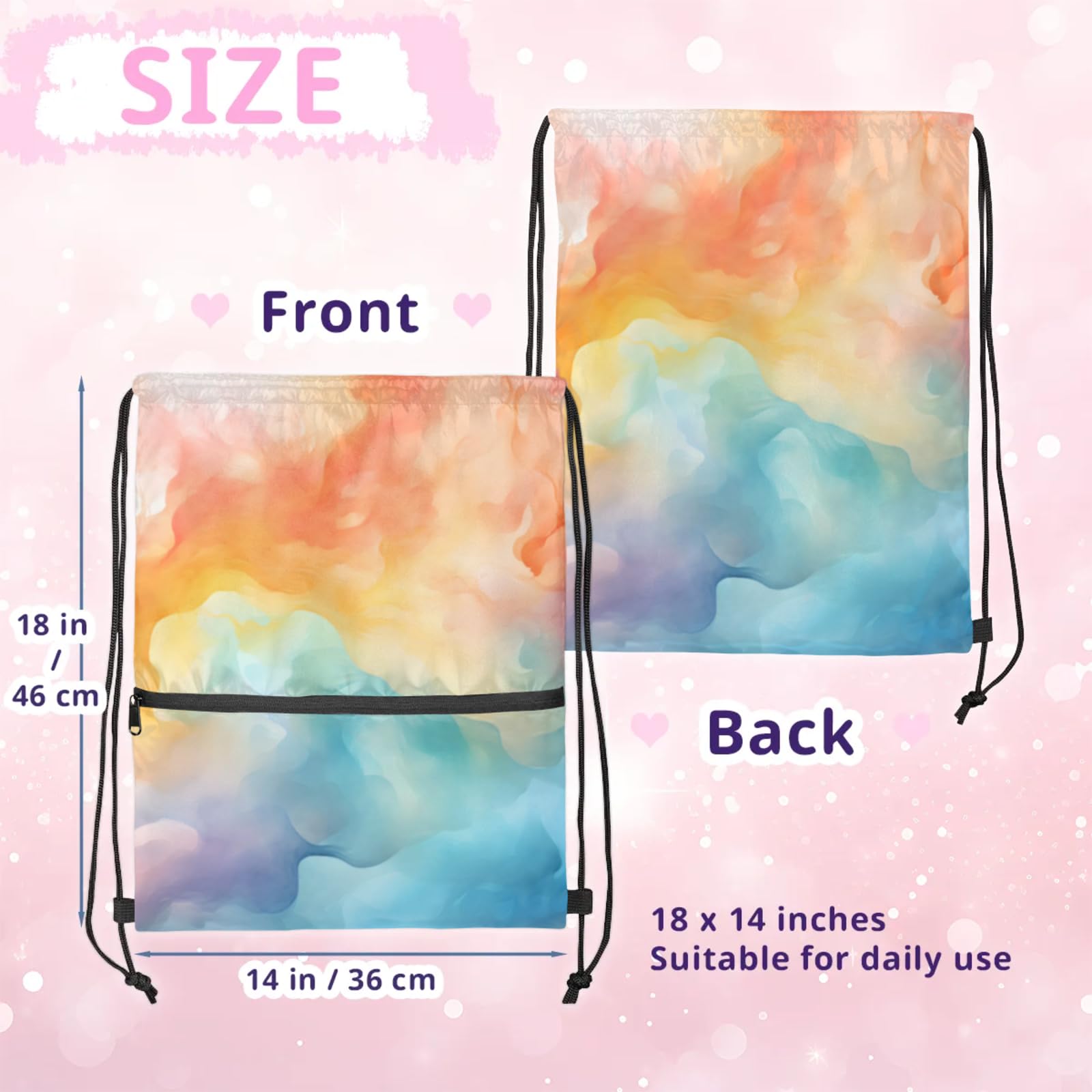 Pastel Cloud Drift Polyester Drawstring Bag with Zipper Pocket, 18x14 Inch Water-Resistant Gym Sack String Backpack for Sports, Travel, Camping