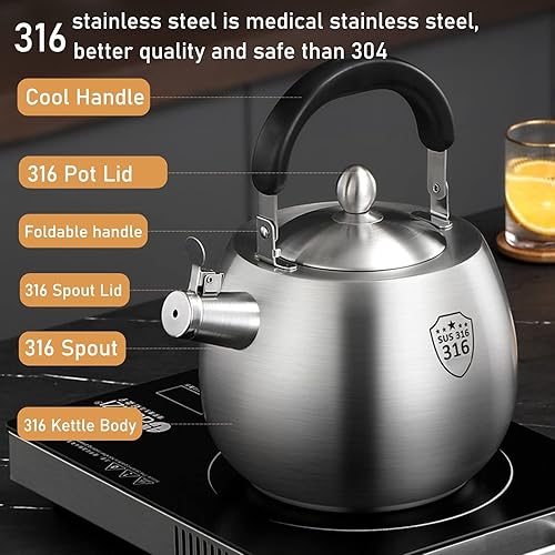 Miniatura 4 de Hervidor de té, hervidor de té resistente, tetera silbante, tetera de acero inoxidable 316, parte inferior sin costuras, mango plegable, acabado