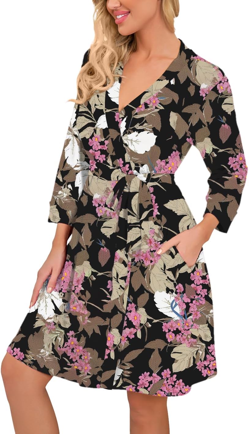 PrinStory Womens Robe Lightweight Short Knit Bathrobe Soft Ladies Sleepwear with Pockets - Image 2