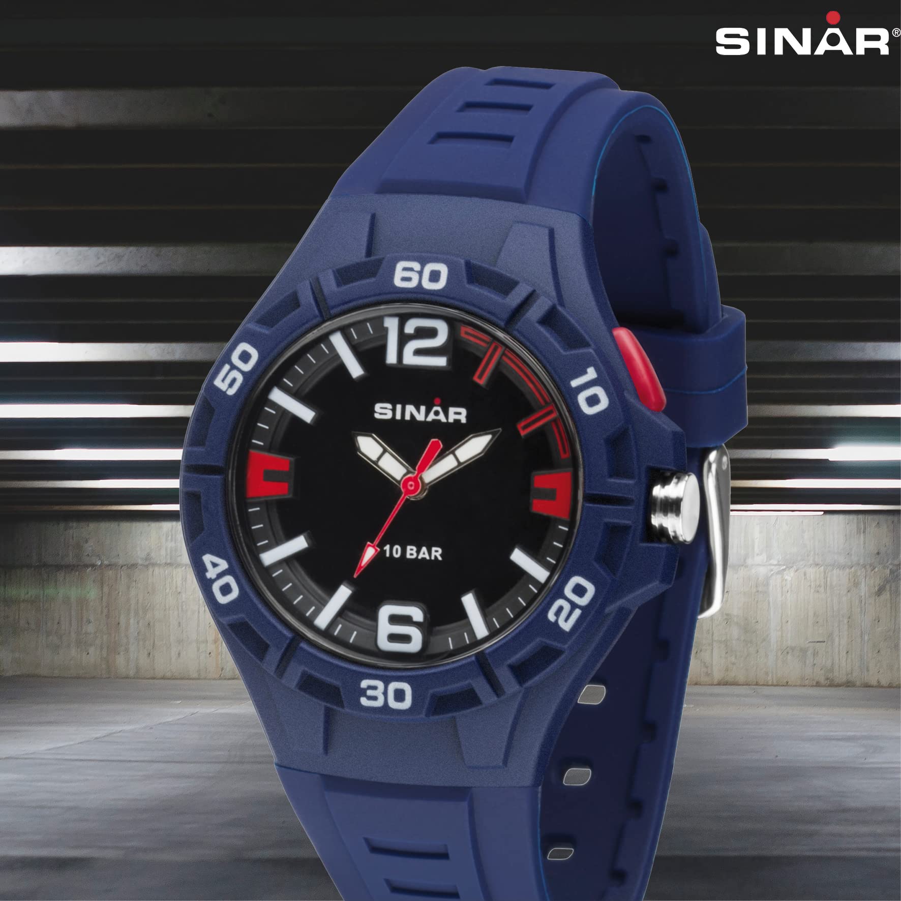 SINAR Jungen-Armbanduhr Jugenduhr Sportuhr Outdoor Fitness Analog Quarz 10 bar mit Licht Dunkelblau Rot XB-37-2