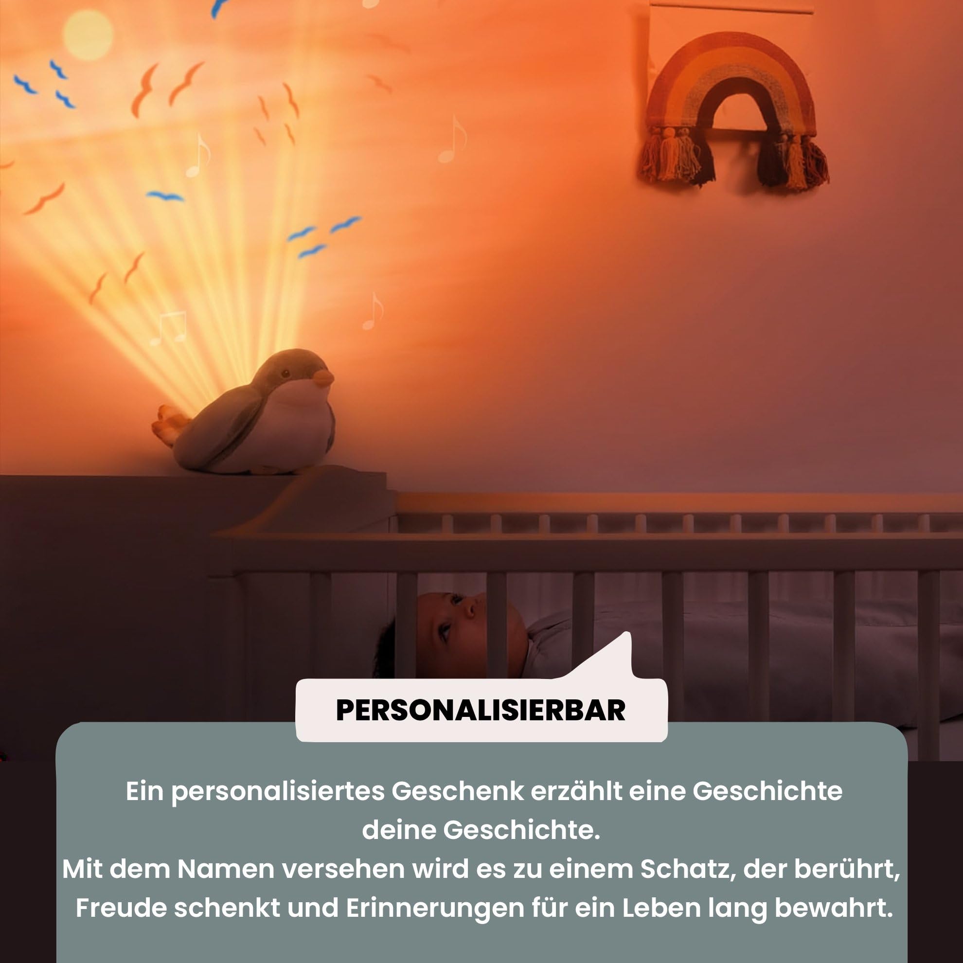Personalisierbarer Sternenhimmel Projektor Shally der Spatz – mit Sonnenuntergangs-Projektion & beruhigender Musik – Personalisierte Geschenke Baby – Nachtlicht Kinder – ZAZU