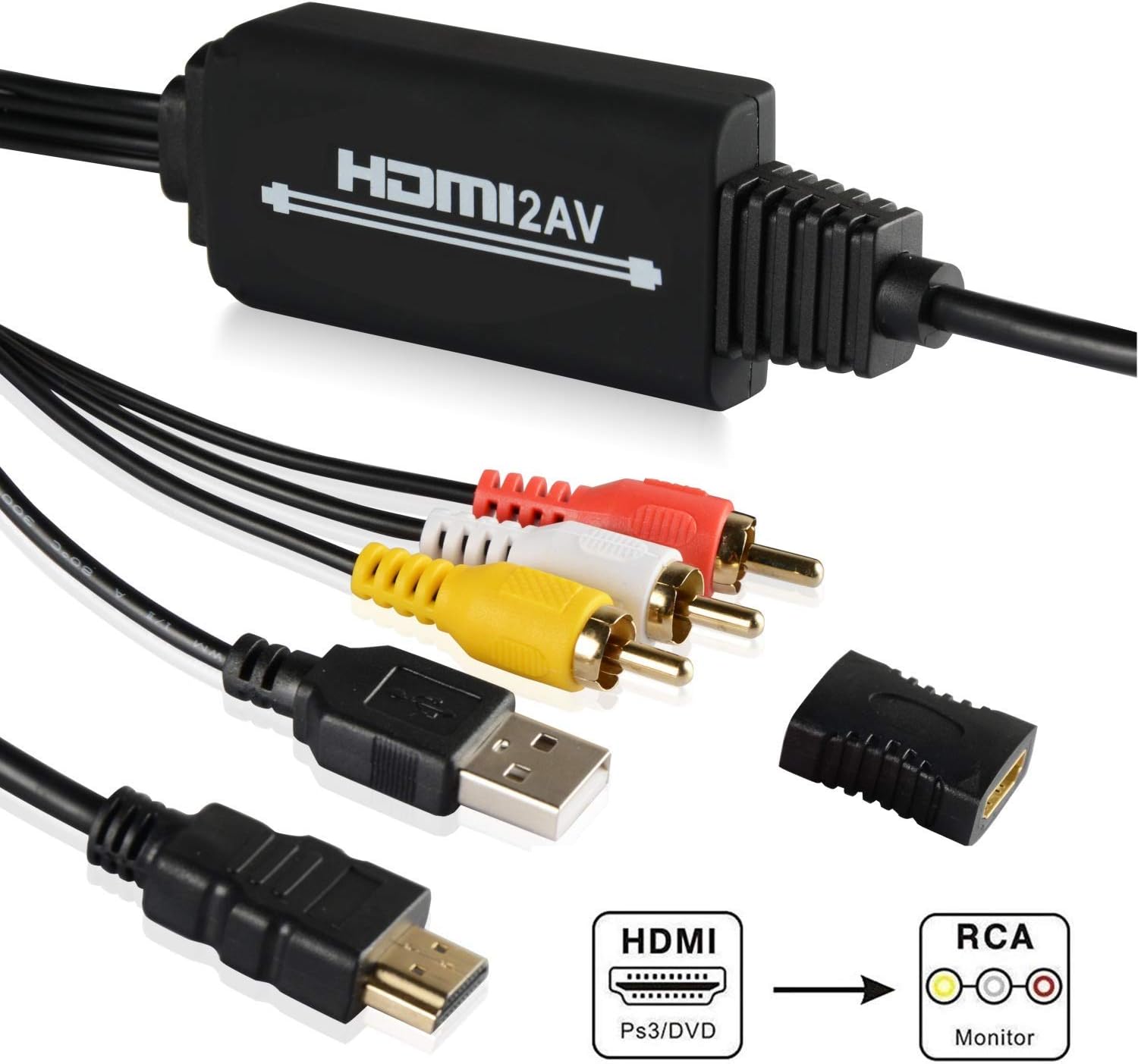 HDMI to Audio Video Converter, AOKEN HDMI to RCA Converter Compatible for PS3, DVD, PC, Blue-Ray, Xbox one, Xbox 360, Roku Chromecast, Roku TV, Apple TV, Older TV Supports PAL/NTSC, 1080P (HDMI to AV)