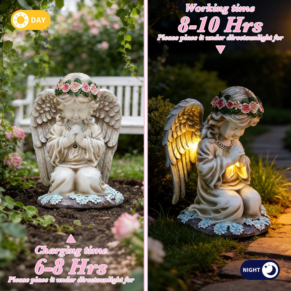 Statue da Giardino a Forma di Angelo Custode, Solare Statue Angeli Figure da Giardino con Angeli Solari con Luci a LED Resistente alle Intemperie Decorazione da Giardino a Forma di Angelo per Esterno