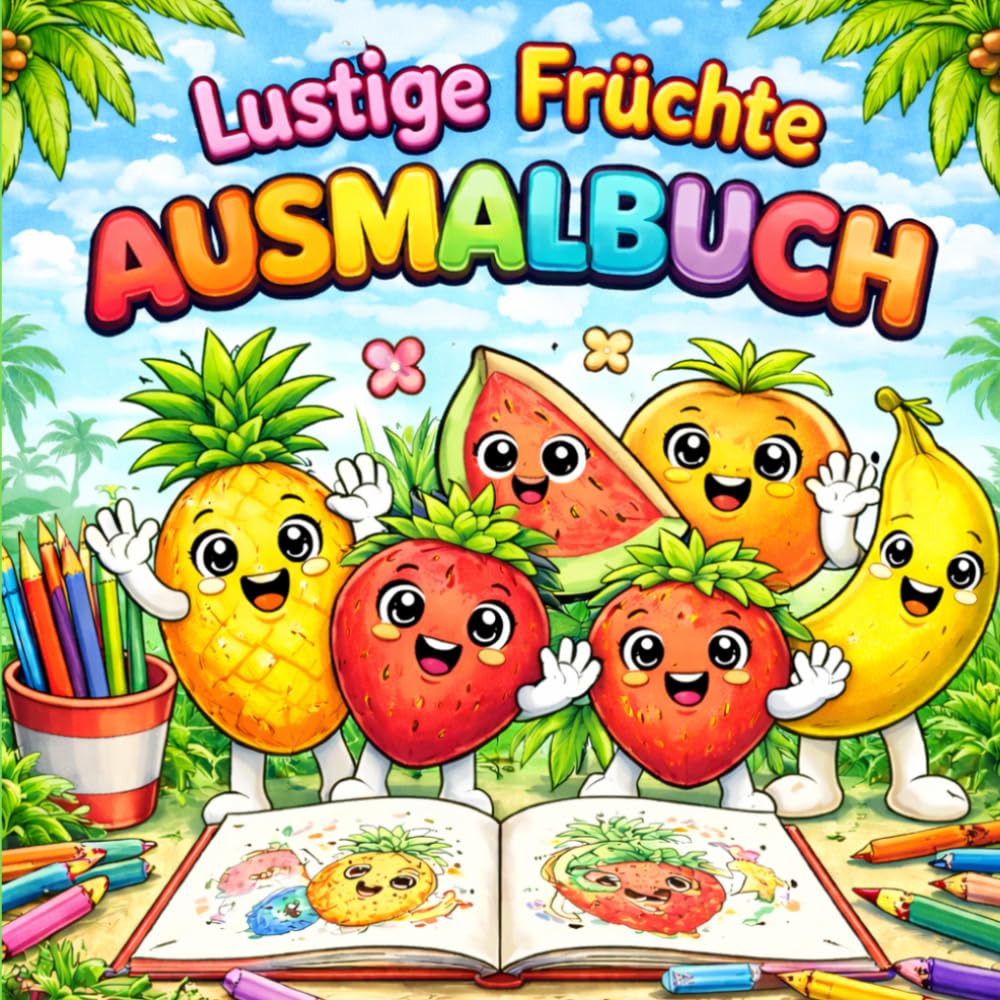 Früchte Ausmalbuch - Fruit coloring book - für Kinder ab 4 Jahren: Niedliche Früchte und Gemüse zum Ausmalen – Lustige Comic-Motive für Mädchen und Jungen