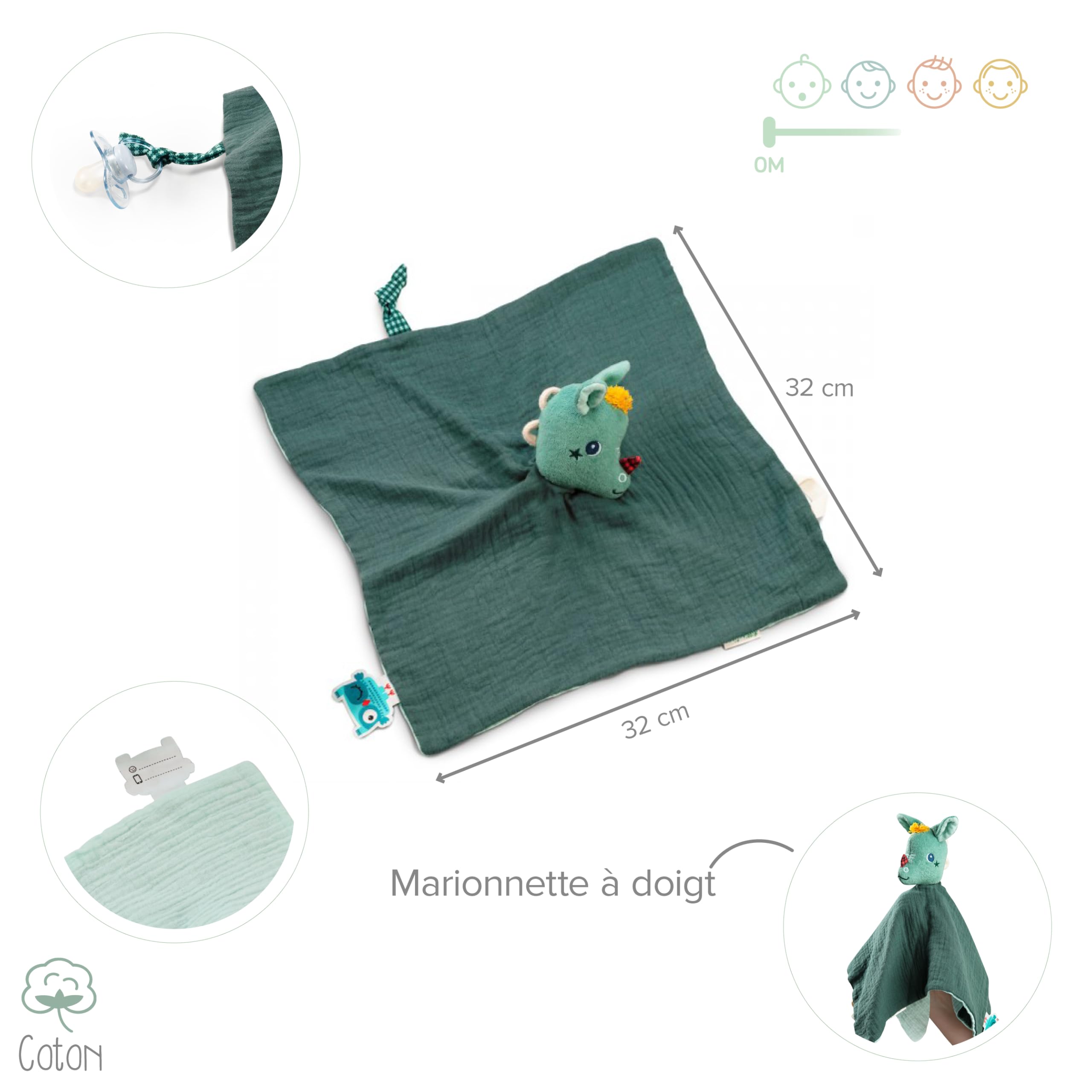 LILLIPUTIENS - Doudou marionetta Joe Il Drago - Cotone Organico - con Attacco per Ciuccio e Etichetta per Il Nome - Tessuto Molto Morbido - 32 x 32 cm - dalla Nascita - 83386